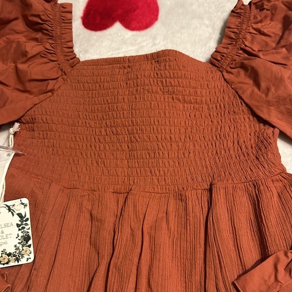 NWT Chelsea Violet Girls Mixed Media Puff Sleeve Smocked Back Dress in Rust - Picture 10 of 10